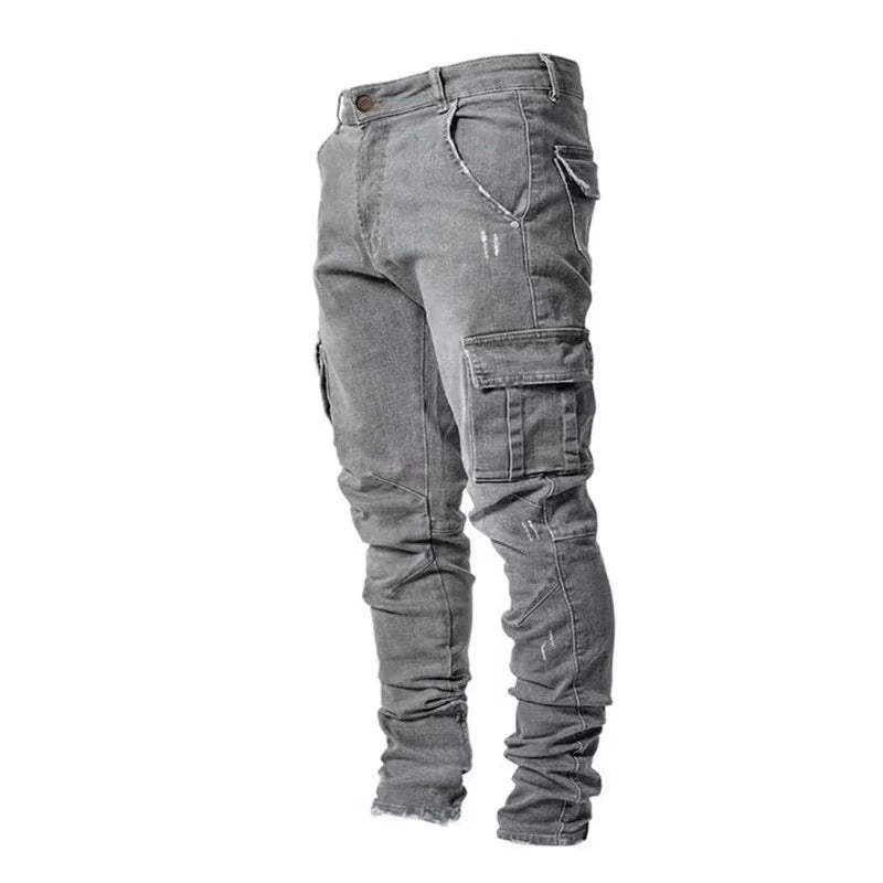 New Men's High Street Slim Fit Stretch Jeans Fashion Multi Pocket
