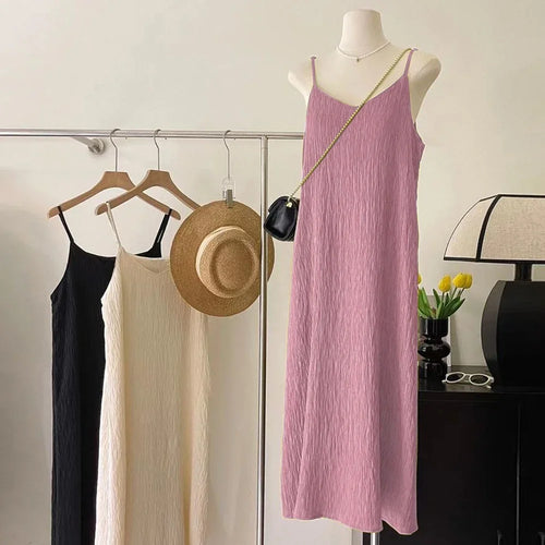 Office Lady Sleeveless Pleated Midi Dress Women Size S-XL Pink Purple