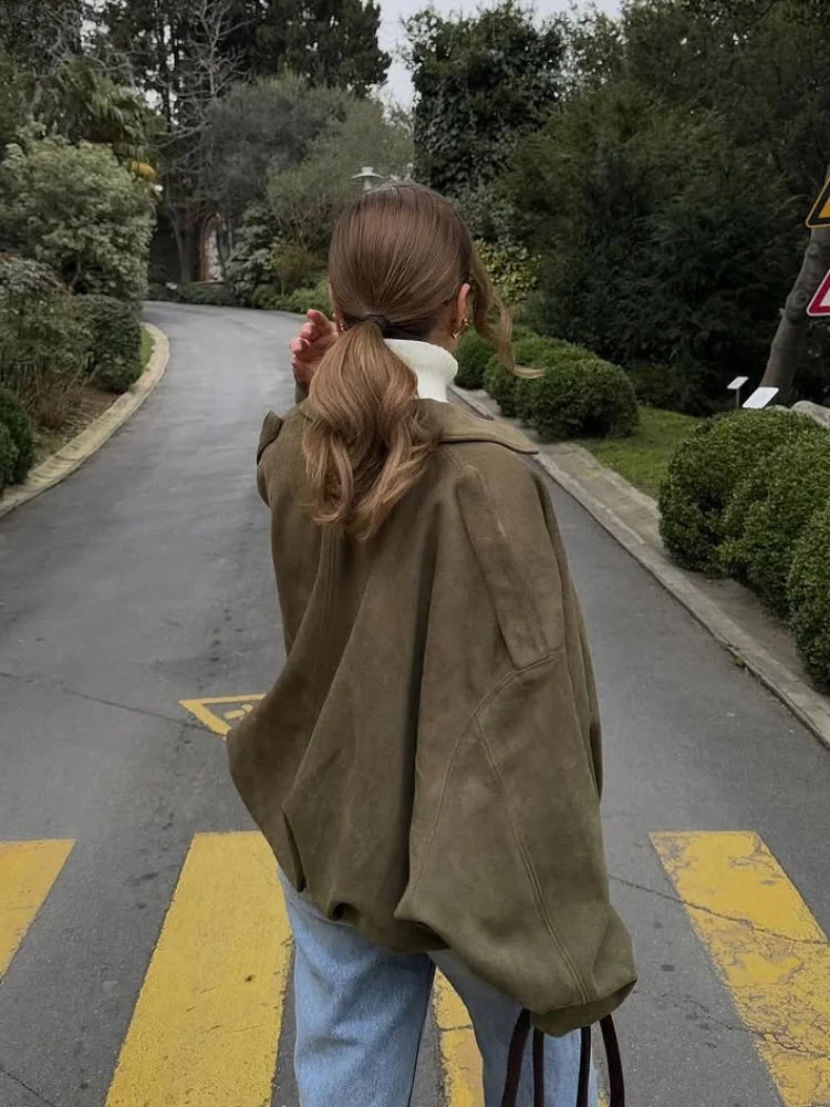 Women Green Suede Short Jacket Fashion Full Sleeve Zipper Lapel Pocket