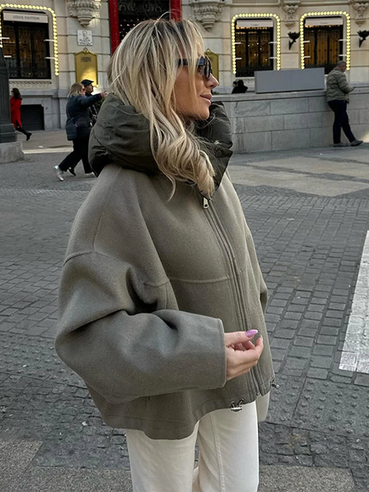 Zipper Panelled Women's Jackets With Hoodies Casual Drawstring Long