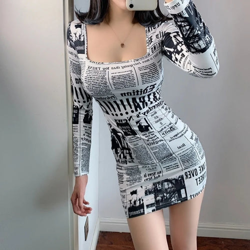 Hot-selling Printed Europe Newspaper Sexy Mini Dress 2020 Autumn New