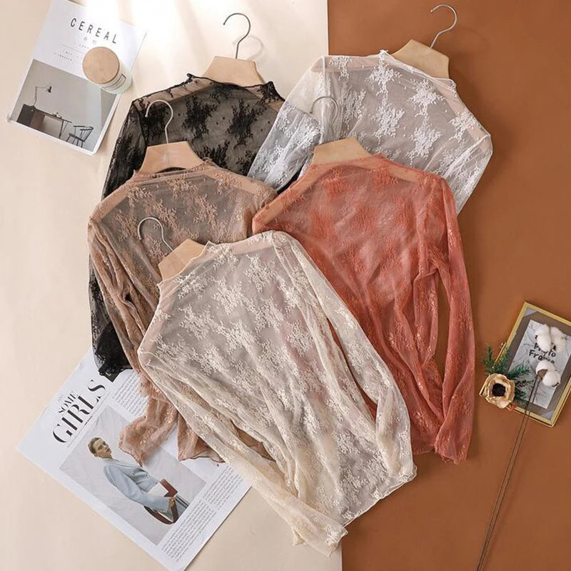 Sexy Women Mesh T-Shirts Transparent Lace Blouse Long Sleeve See