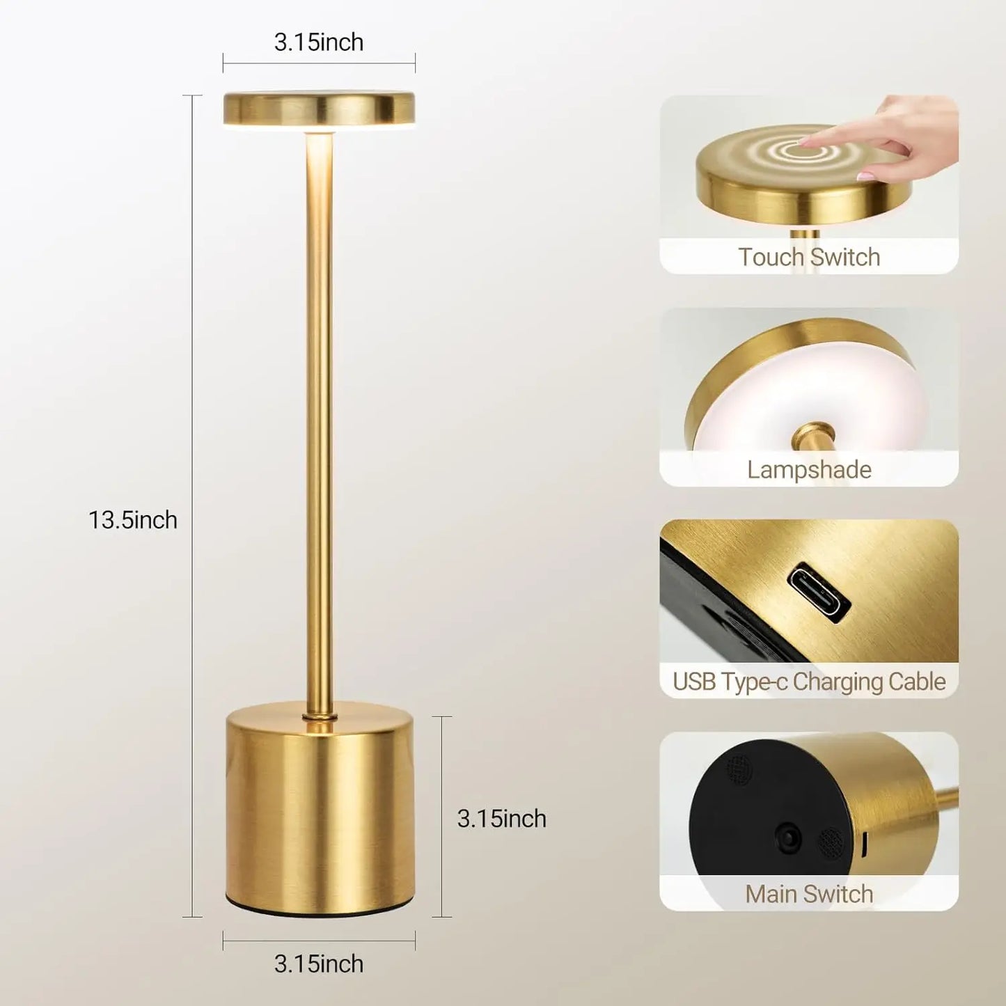 Simple LED Rechargeable Touch Metal Table Lamp Three Colors Bedside