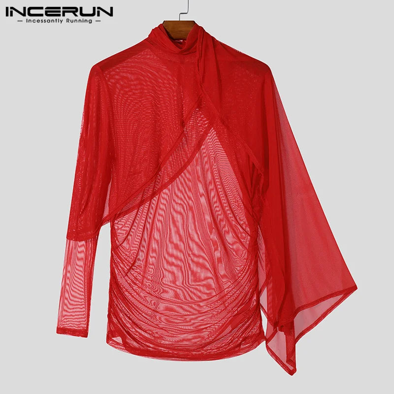 Fashion Sexy Style Tops INCERUN New Men's See-through Pleated T-shirt