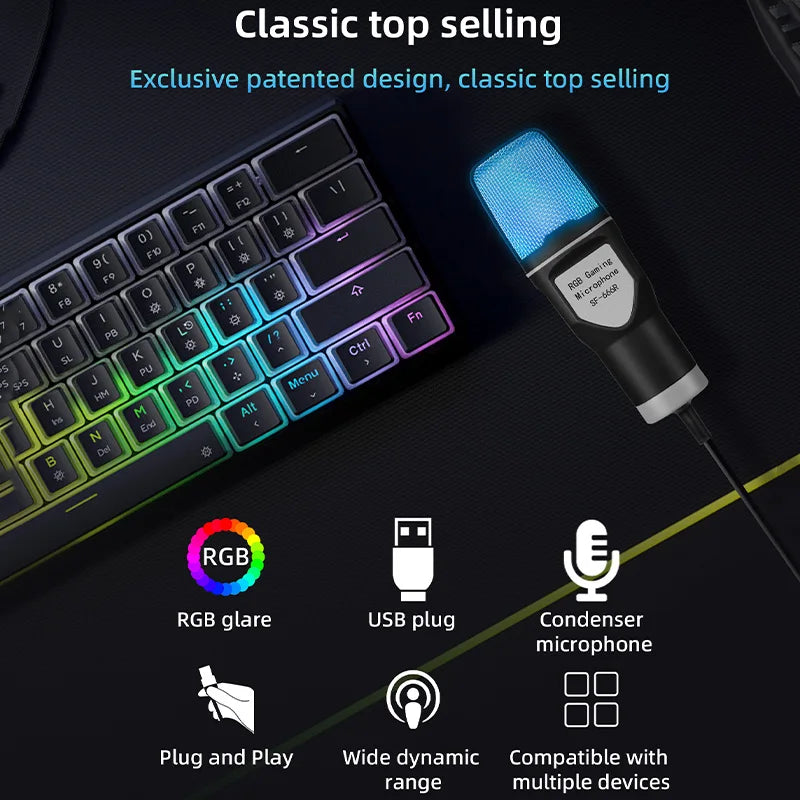 SF666R USB Microphone RGB Microfone Condensador Wire Gaming Mic for
