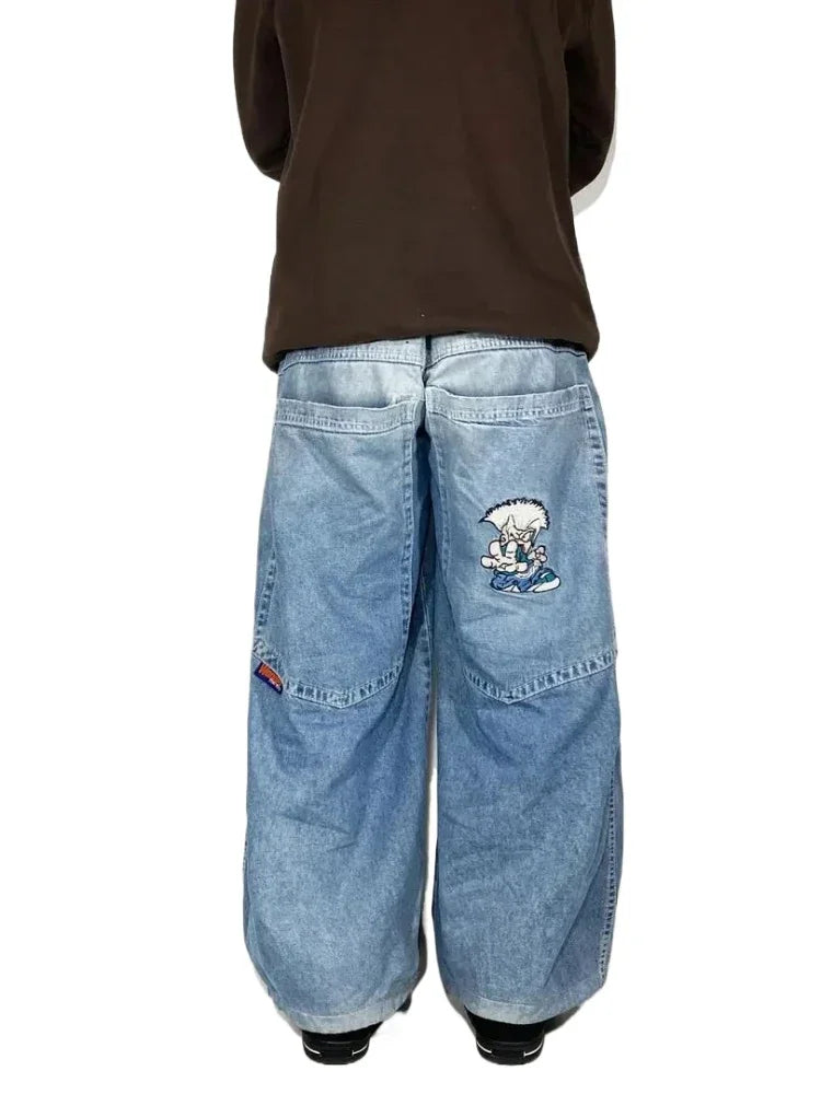 Japanese Kawaii Cartoon Characters Embroidered Light Blue Washed Baggy