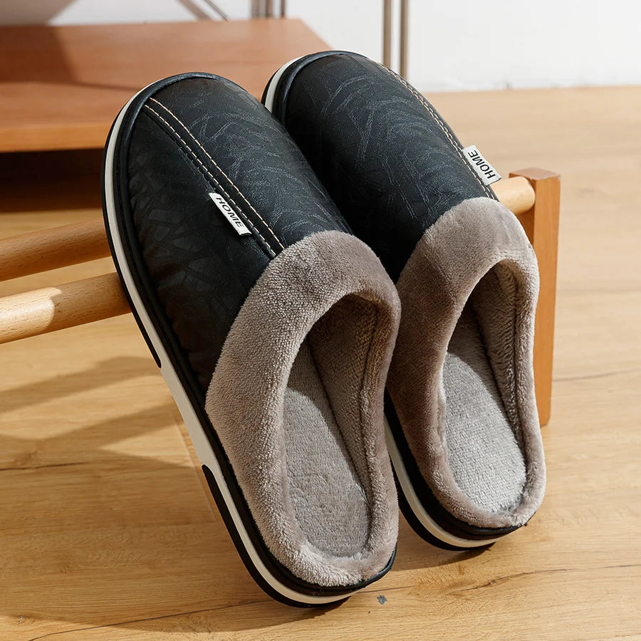 Big Size Winter Casual Men's Slippers Indoor Waterproof PU Leather