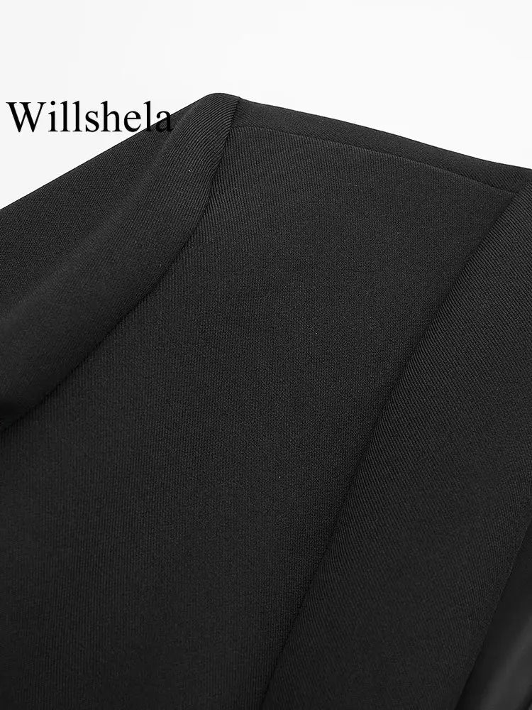 Willshela Women Fashion Satin Black With Feather Blazer Jacket Vintage