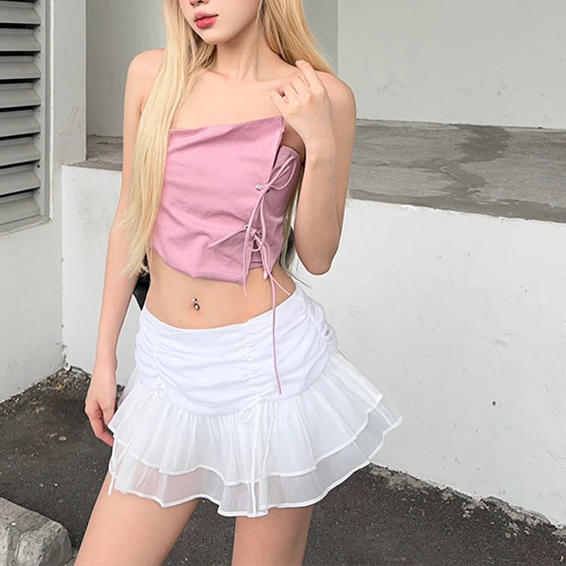 WhereMery Sexy Solid Women Skirt Perspective Pleated Mini Skirts Waist