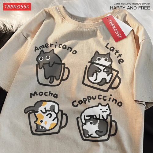 Cat Coffee Pure Cotton Trendy Summer Loose Short Sleeved T-shirt Men