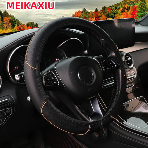 A leather embosed red blue strip trim car without inner ring steering