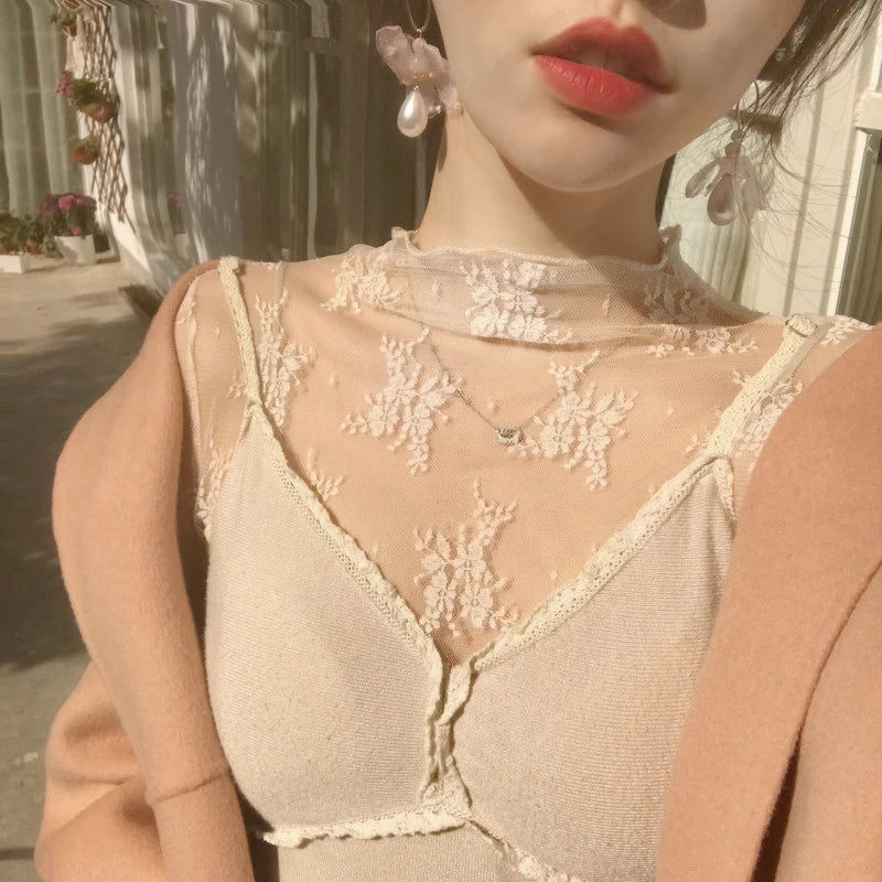 Sexy Women Mesh T-Shirts Transparent Lace Blouse Long Sleeve See
