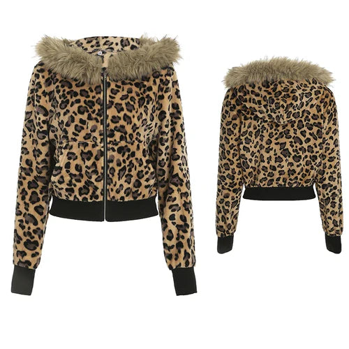 Cuteandpsycho Zip Up Fur Neck Hoodie Coats Fashion Slim Solid Y2K