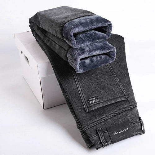 Winter Fleece Thick Warm Jeans Men's Slim Straight Elastic Denim Pants
