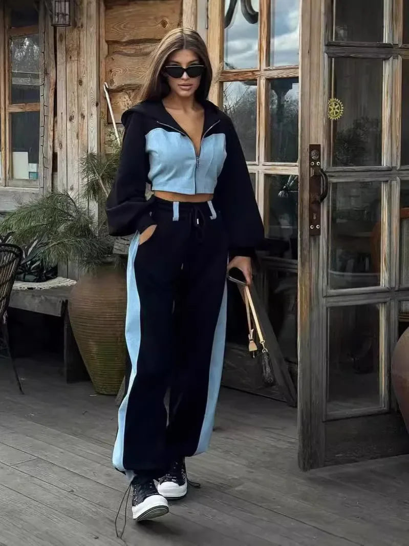 Casual Contrast Hoodies Pants Sets Women Slim Zipper Short Hooded