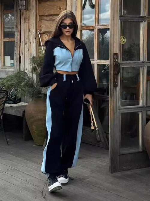 Casual Contrast Hoodies Pants Sets Women Slim Zipper Short Hooded