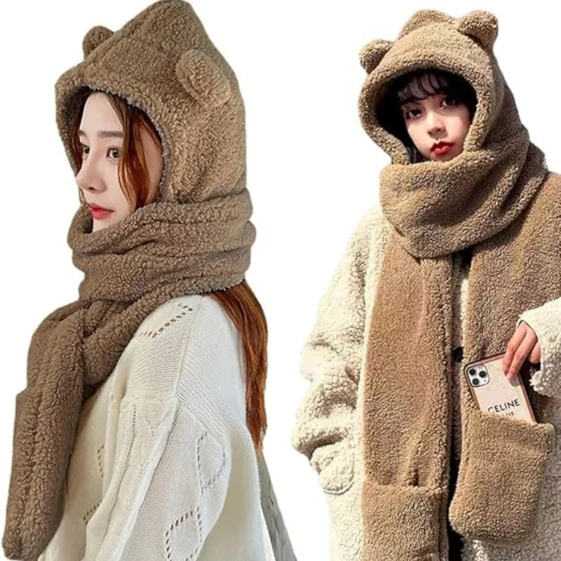 SIMPLEJEWEL™ Women Cute Bear Hoodie Hat Scarf Gloves Set 3-in-1