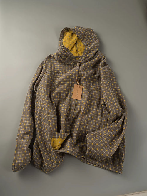 100% Cotton Yarn Loose Hooded Plaid Shirts for Women Autumn Spring