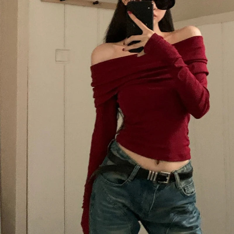 Black Sexy Tops Off Shoulder Long Sleeve T-shirt Women's Solid Elegant
