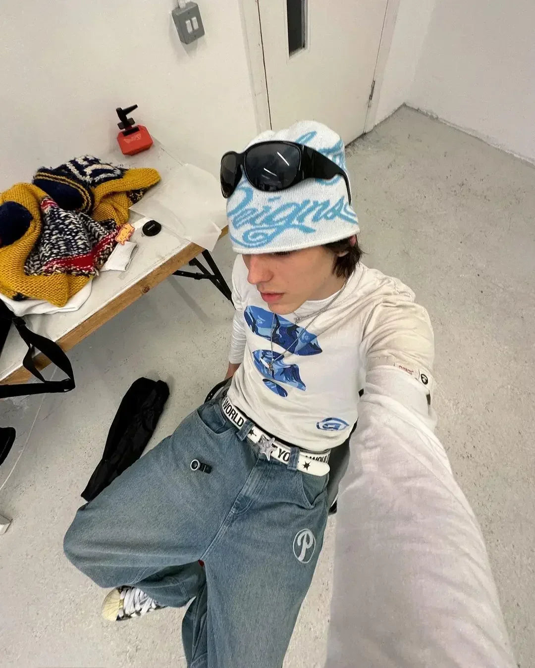 Y2K Men blue letter printed jeans high-end fashion hip-hop trend