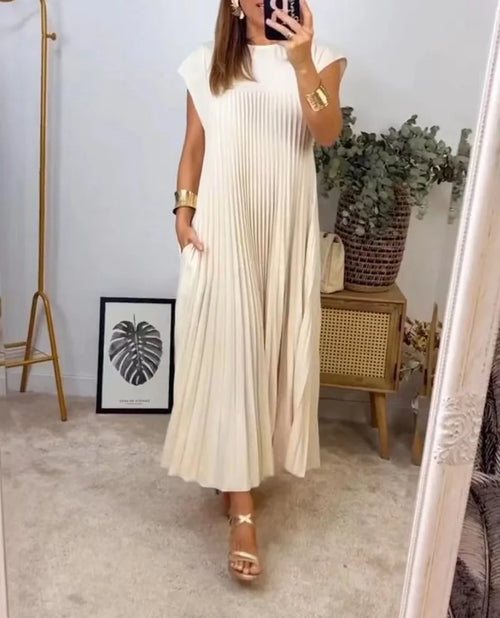 Spring And Summer New Fashionable Women's Round Neck Pleated Maxi