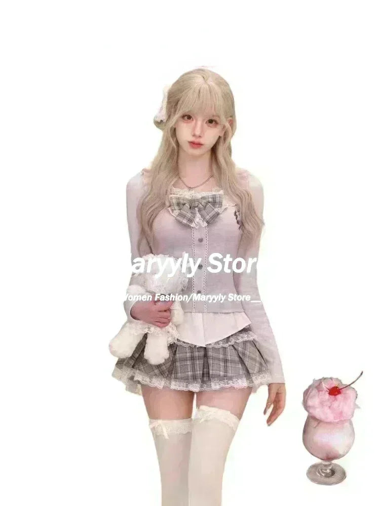 Japanese Sweet Preppy Style Skirt Set Women Kawaii Lace Patchwork Bow