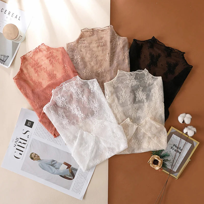 Sexy Women Mesh T-Shirts Transparent Lace Blouse Long Sleeve See