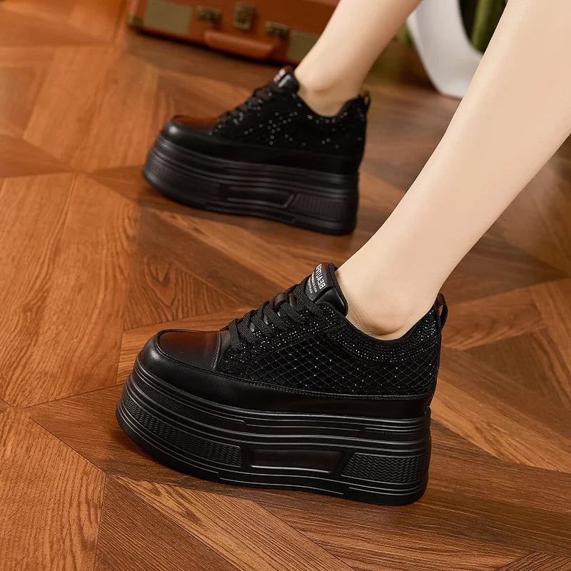 AUTUSPIN 9cm Platforms Chunky Sneakers for Women Leisure Shoes Summer Crystal Splicing Ladies Microfiber Leather Footwear Woman