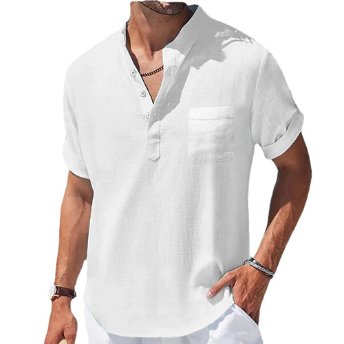 New Men's Casual Stand Up Collar Summer Solid Color Short Sleeve Linen