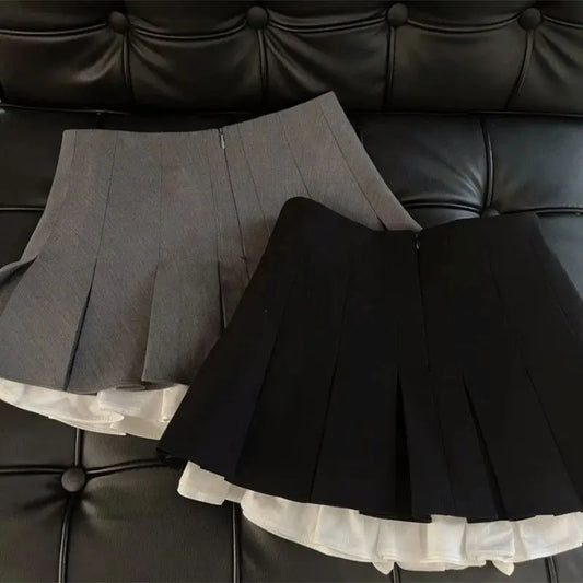 Mooyufon Ruffles Black Mini Skirt Women Korean Patchwork Pleated