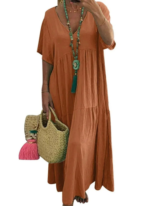 Loose Casual Dresses Women Summer V- Neck Short Sleeve Vestidos Solid