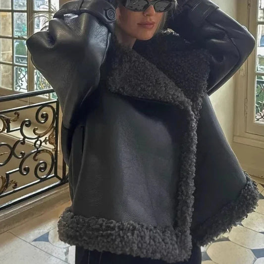Faux Fur Leather Long Jacket Women Lapel Long Sleeve Belt Thicken Female Coats Winter Fashion Street Patchwork Lady Outwear