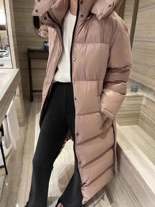 With Belt Women's Winter Down Jacket Long Puffer Coat White Duck Thick