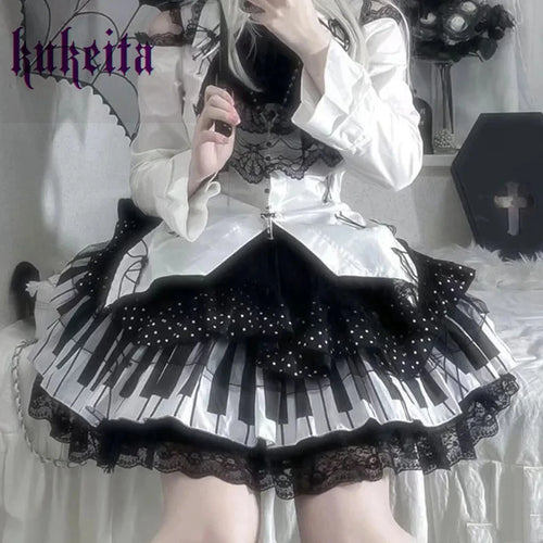 Kukeita Harajuku Y2k Punk Piano Key Wave Dot Lace Skirt Japanese