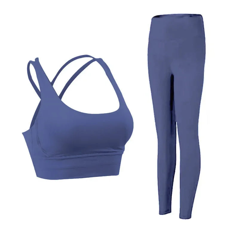 2 Piece Yoga Set Solid Color Women's High Waisted Leggings Tight-fitting Quick-drying Running Underwear Cross Bra Fitness Suit