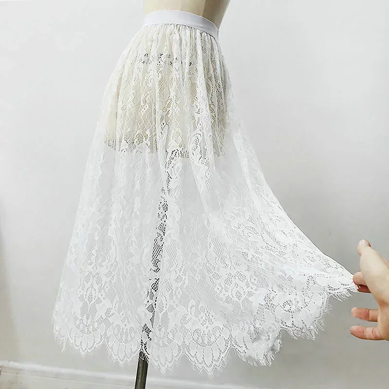 2 Length Elegant Black Skirt White Lace Transparent Long Tulle Skirt
