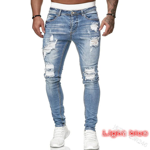 Ripped Mid Waist Slim Fit Men Jeans Vintage Denim Wash Solid Punk