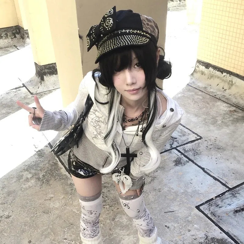 Karrram Japanese Y2k Fake Two-piece Knitted Tops Trashy 2000s Hooded