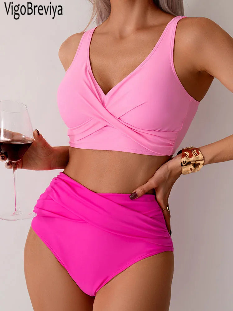 VigoBreviya 2025 Sexy Solid Strapped Swimwear Women Cross Push Up Bikini Set Brazilian Lady Swimsuit High Waist Beach Bath Suit