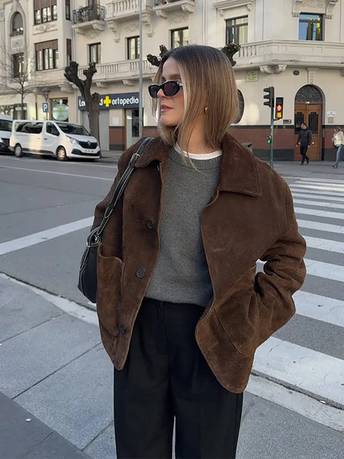Women Green Suede Short Jacket Fashion Full Sleeve Zipper Lapel Pocket