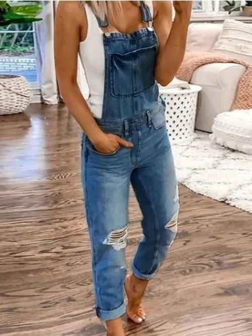 Hot Sale Suspenders Denim Jumpsuit For Women Fashion Ripped Jeans