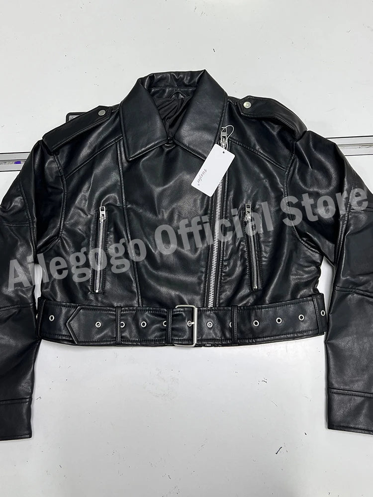 Ailegogo Spring Autumn Women Faux Pu Leather Short Jacket with Belt