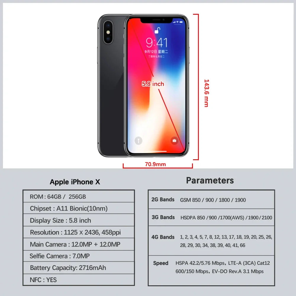 Original iPhone X 4G LTE CellPhone Unlocked 64GB/256GB ROM 5.8" A11 Bionic Chip Hexa Core FACE ID Apple IOS Mobile Phone