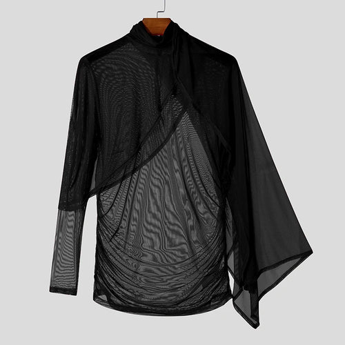 Fashion Sexy Style Tops INCERUN New Men's See-through Pleated T-shirt
