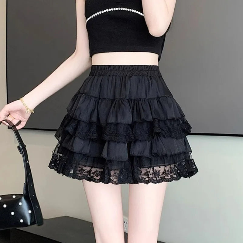 Elastic Gothic Lace Tutu Skirt Women Black Mesh Detail Petticoat Sexy