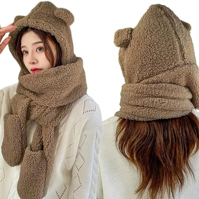 SIMPLEJEWEL™ Women Cute Bear Hoodie Hat Scarf Gloves Set 3-in-1