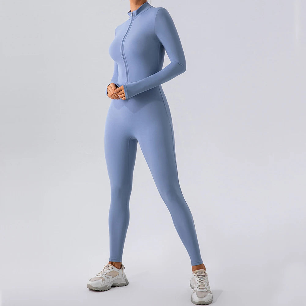 S-XL 2025 Nylon Zipper Long Sleeve Yoga Set Women One Piece Jumpsuit