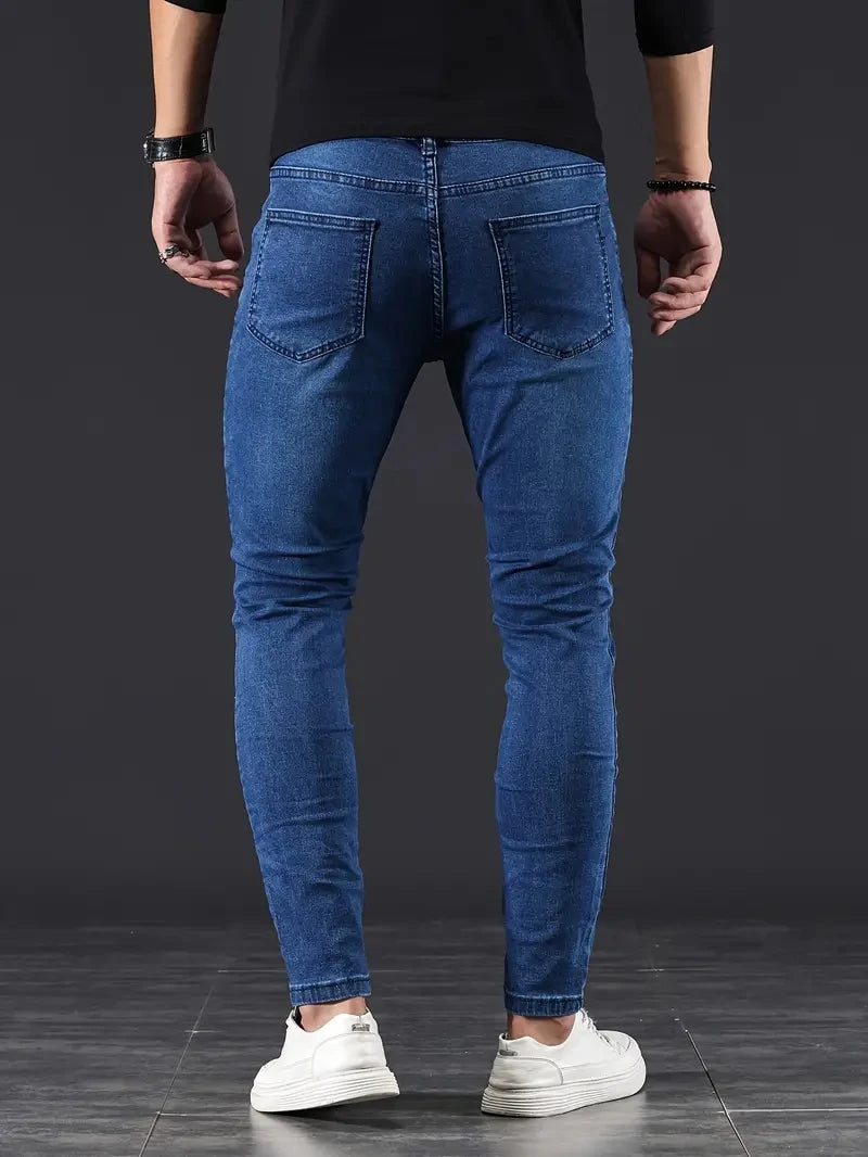 Mens Pants Pure Color Stretch Jeans Street Casual Slim Fit Trousers