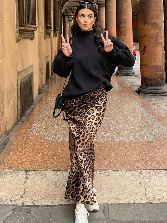 ASDS 2024 Vintage Women's Leopard Print Satin Skirt Female Summer High