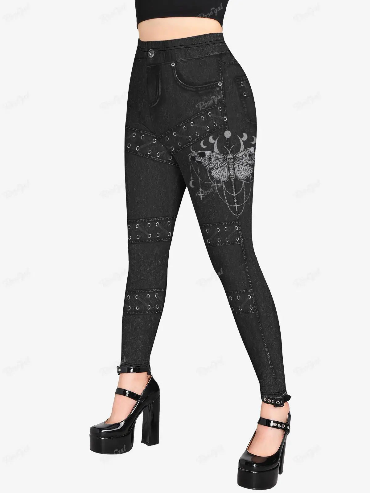 ROSEGAL Plus Size Gothic Leggings 3D Butterfly Jean Lace-up Printed